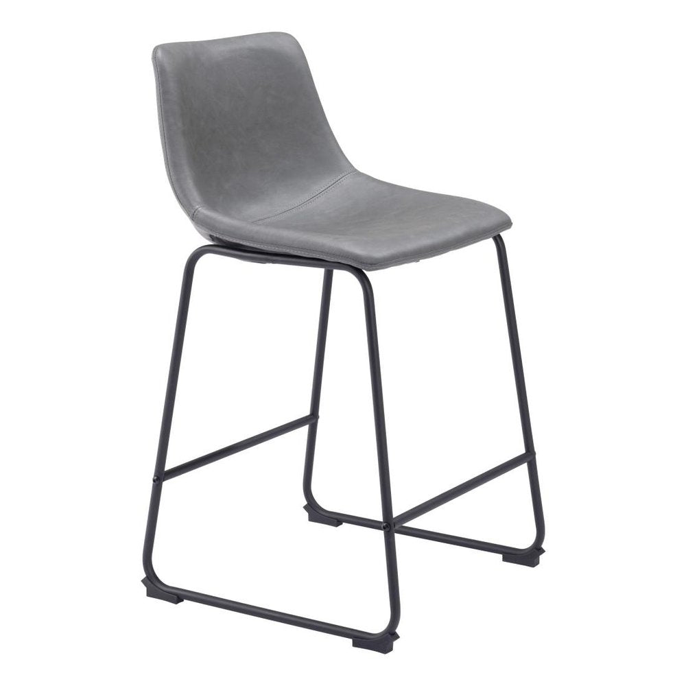 Set of Two 24" Charcoal and Black Faux Leather and Steel Counter Height Bar Chairs