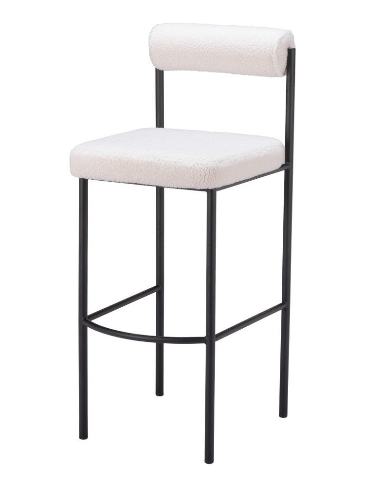 Set of Two 30" Ivory and Black Shearling and Steel Low Back Bar Height Bar Chairs