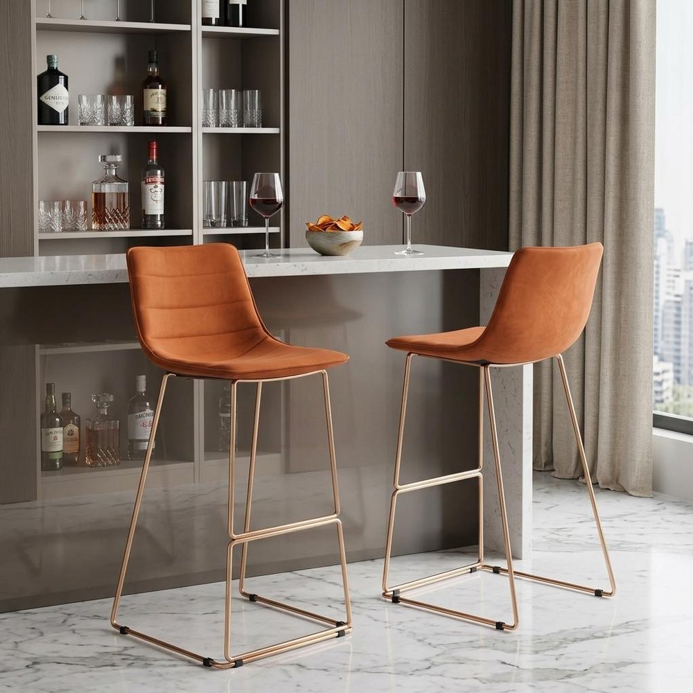 Set of Two 30" Orange And Gold Velvet And Steel Bar Height Bar Chairs