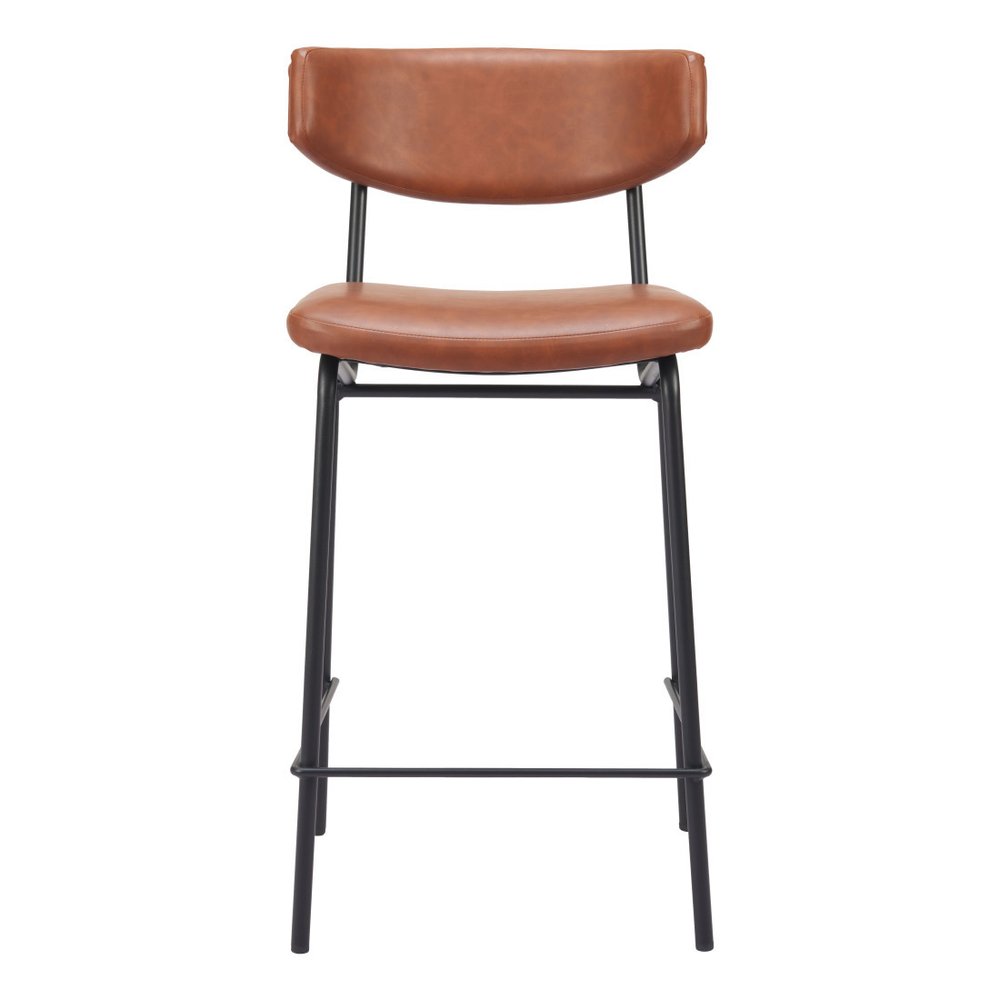 Set of Two 30" Brown and Black Faux Leather and Steel Low Back Bar Height Bar Chairs