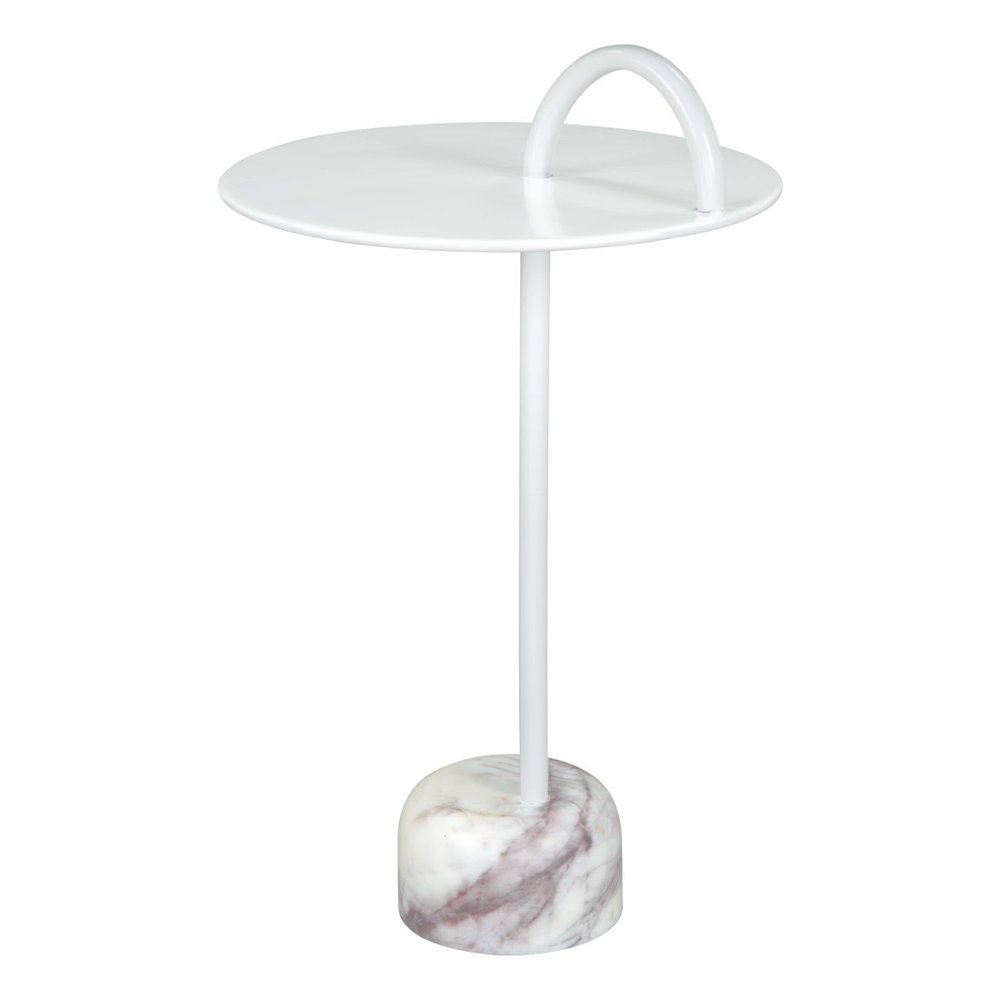 25" White Iron And Marble Round Pedestal End Table