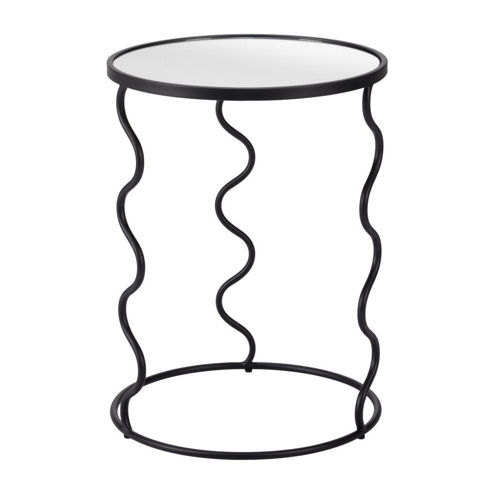 24" Black Mirrored Glass and Steel Round Abstract End Table