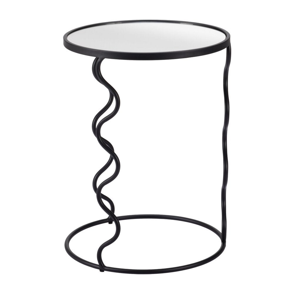 24" Black Mirrored Glass and Steel Round Abstract End Table