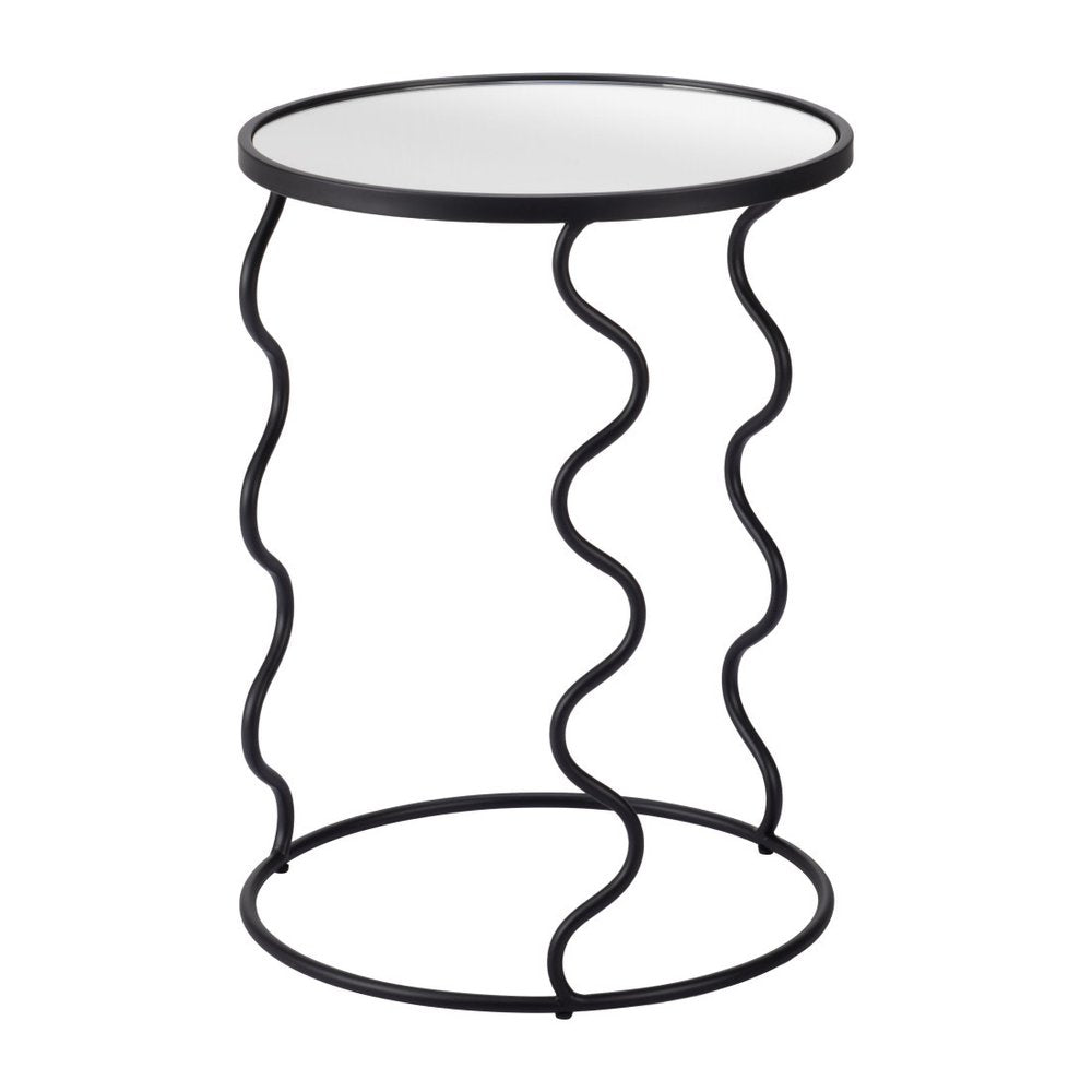 24" Black Mirrored Glass and Steel Round Abstract End Table