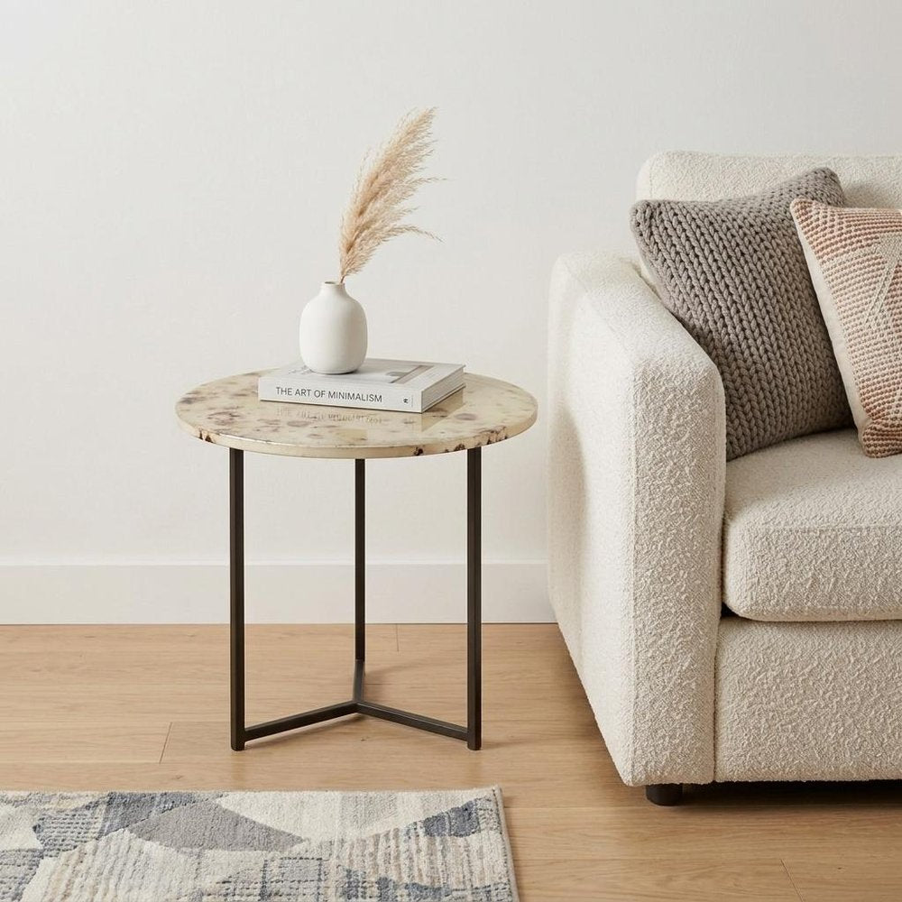 22" Beige Iron Round Block End Table