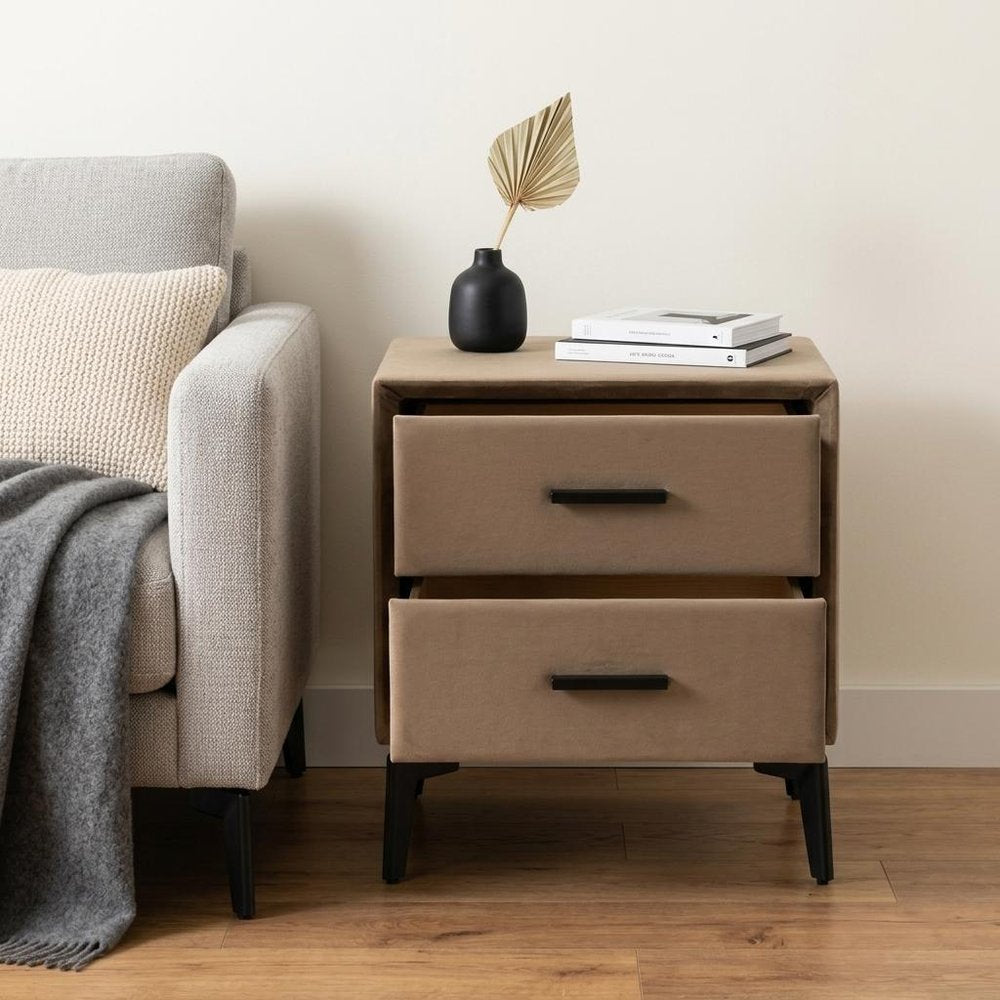 20" Brown and Black Velvet Wood and Steel End Table With Two Drawers
