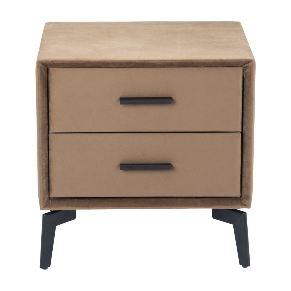 20" Brown and Black Velvet Wood and Steel End Table With Two Drawers