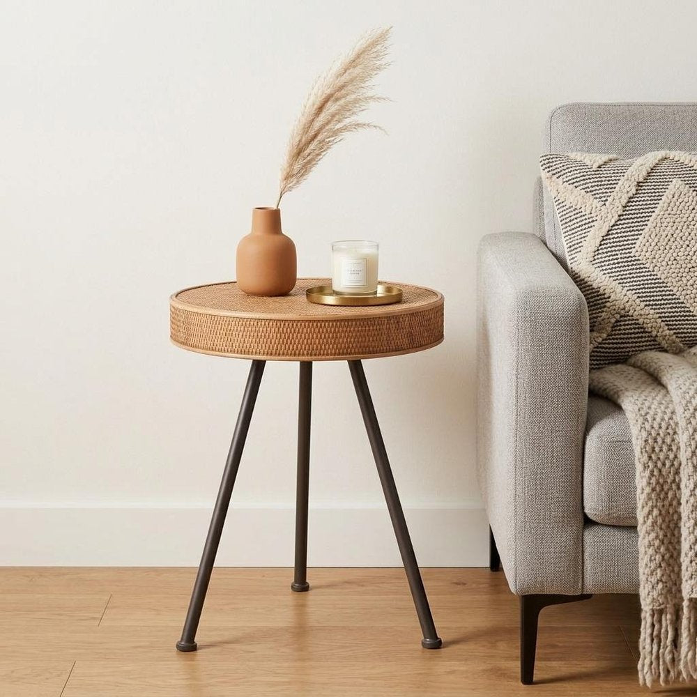 23" Natural and Gray Rattan and Steel Round End Table