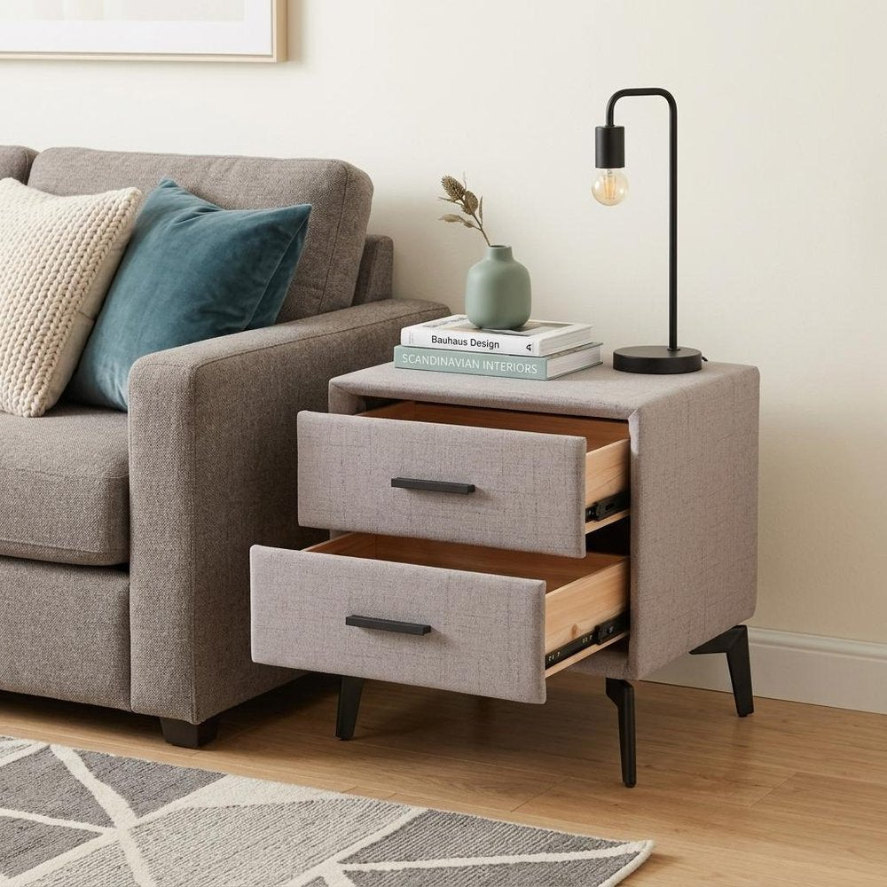 20" Gray and Black Fabric Wood and Steel End Table With Two Drawers