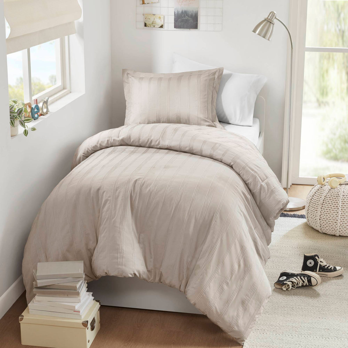 Logan - Twin/Twin Long Striped Duvet Set - Neutral