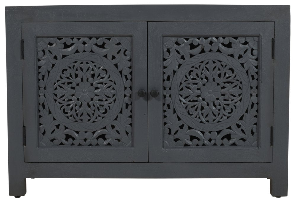 30" Gray Distressed Solid Wood Textured Door Accent Cabinet With Two Doors