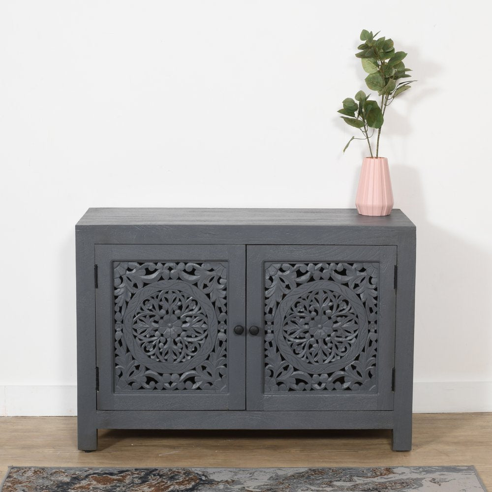 30" Gray Distressed Solid Wood Textured Door Accent Cabinet With Two Doors
