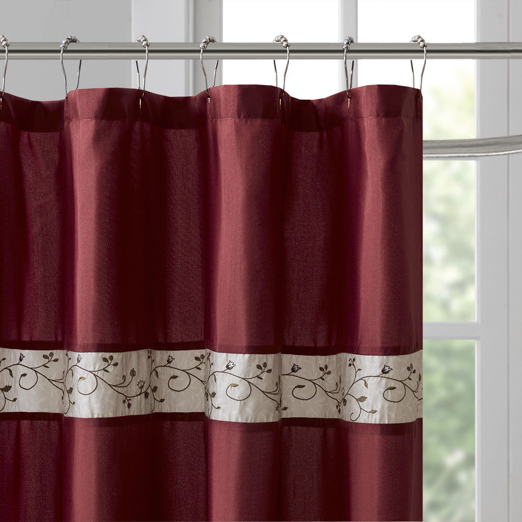 Serene - Embroidered Floral Shower Curtain - Red