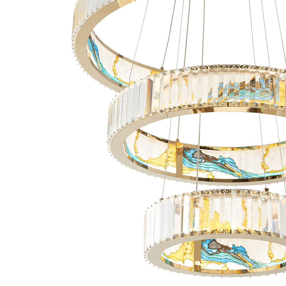 Gold Clear And Blue Geometric Three Light Crystal LED Chandelier