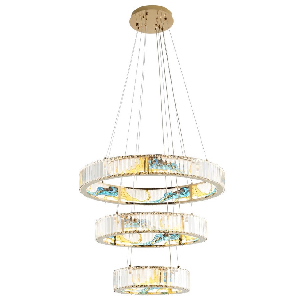 Gold Clear And Blue Geometric Three Light Crystal LED Chandelier
