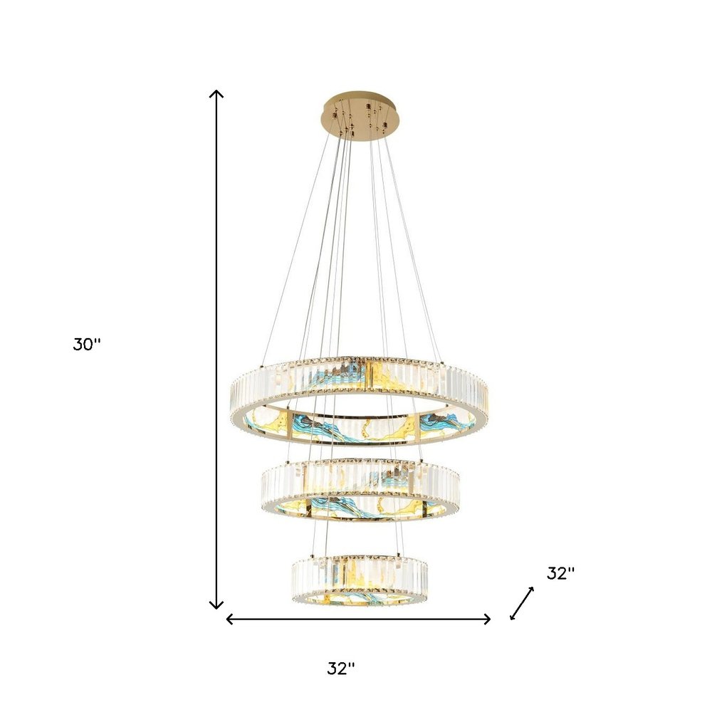Gold Clear And Blue Geometric Three Light Crystal LED Chandelier