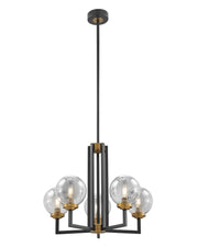Black Gold And Clear Five Light Transparent Metal Edison Bulb Dimmable Chandelier With Black And Gold Shades