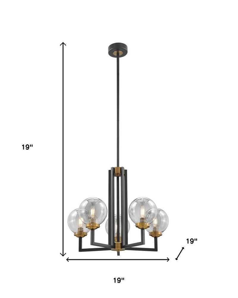 Black Gold And Clear Five Light Transparent Metal Edison Bulb Dimmable Chandelier With Black And Gold Shades