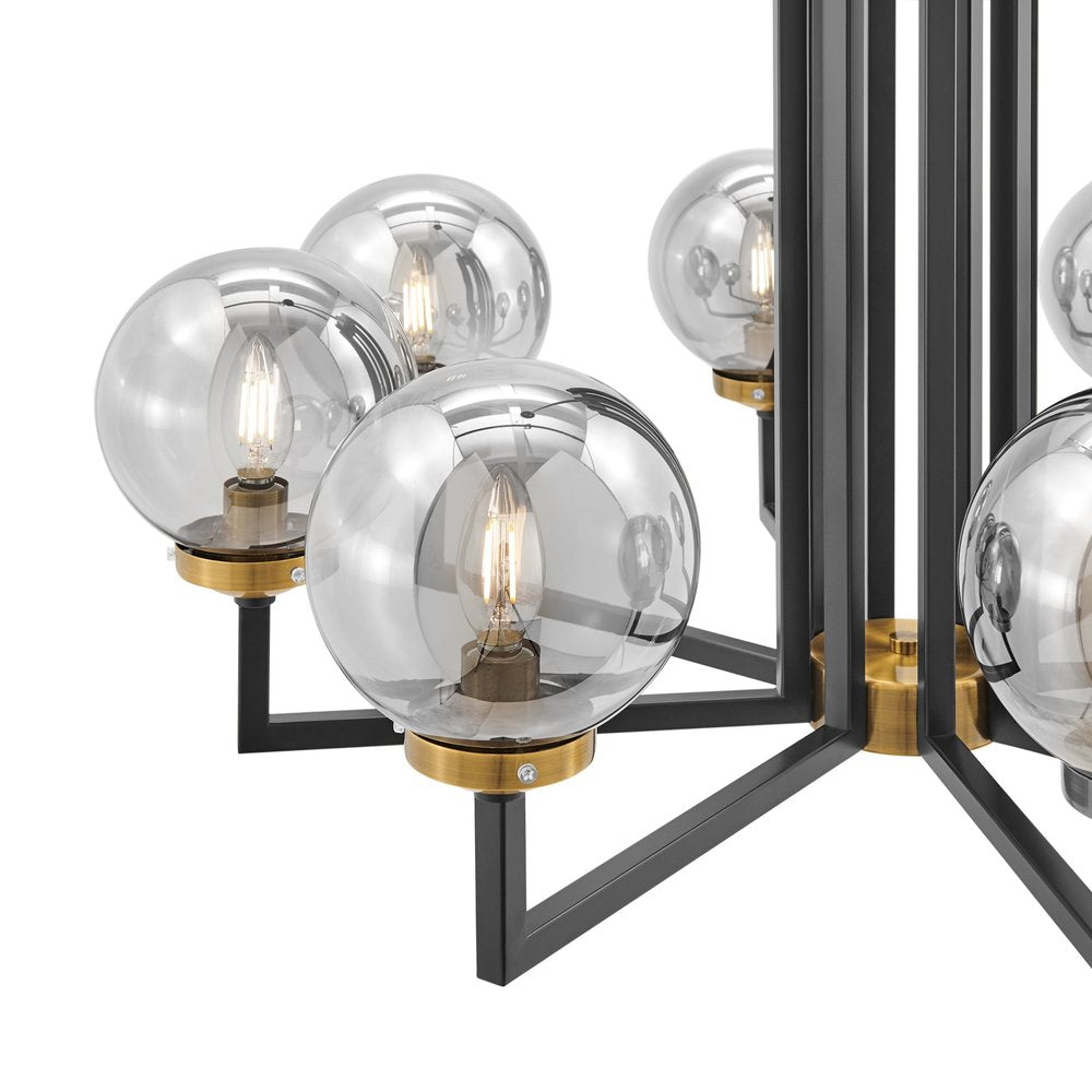 Black Gold And Clear Eight Light Transparent Metal Edison Bulb Dimmable Chandelier With Black And Gold Shades