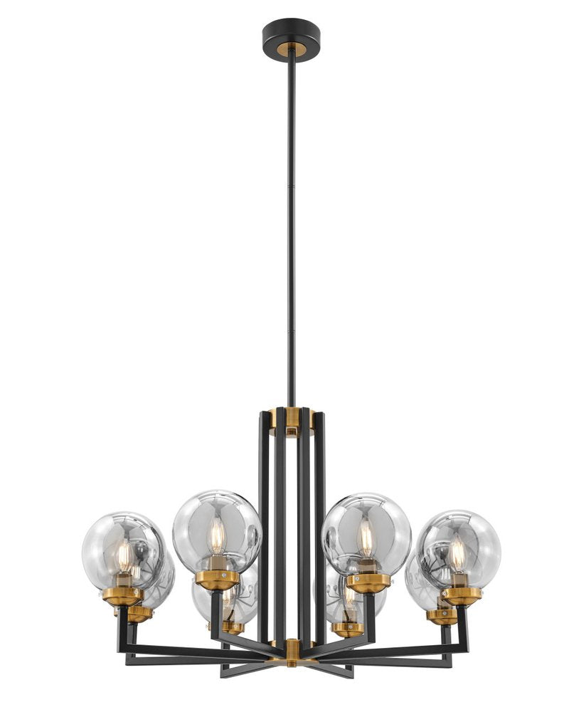 Black Gold And Clear Eight Light Transparent Metal Edison Bulb Dimmable Chandelier With Black And Gold Shades