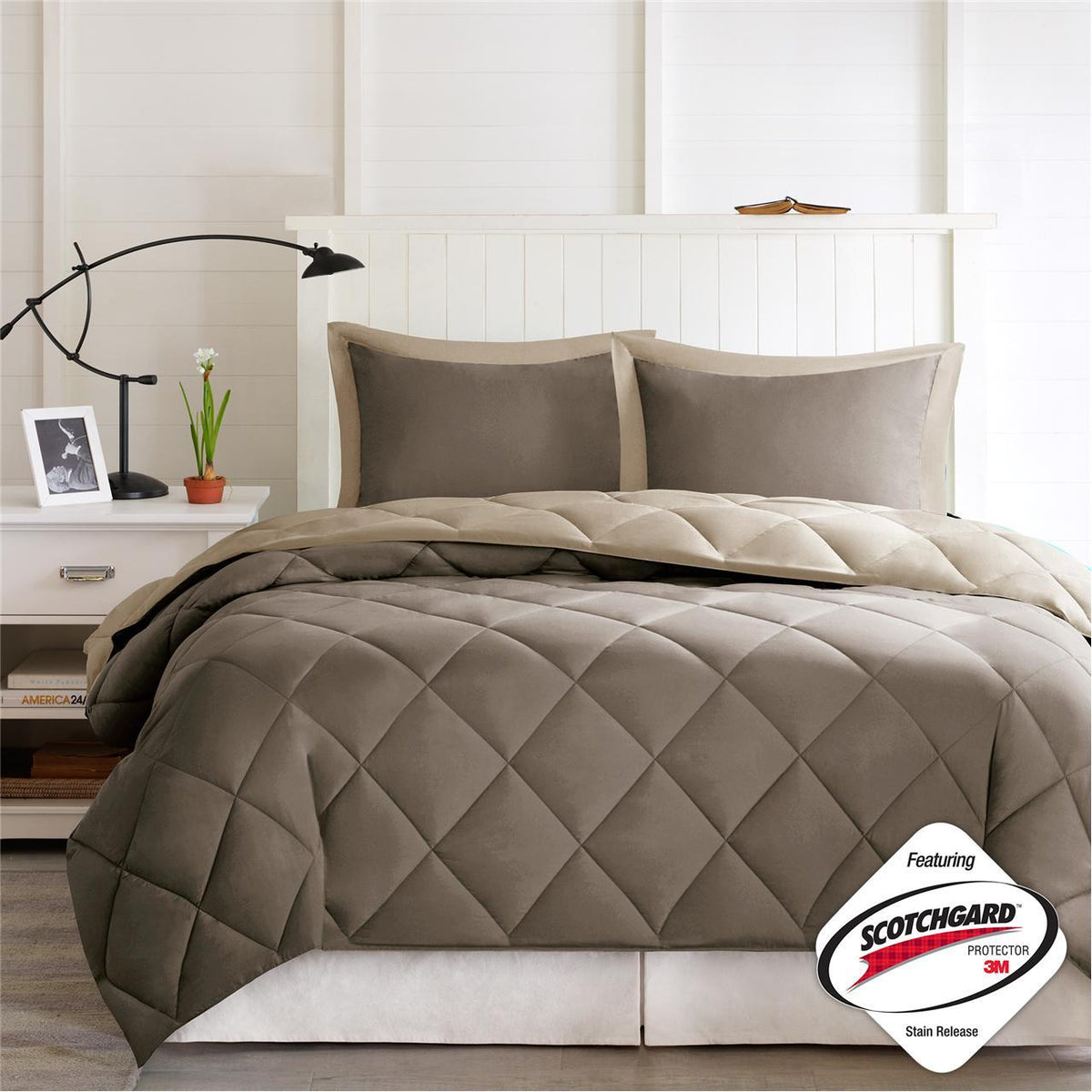 Larkspur - Twin 3M Scotchgard Diamond Quilting Reversible Down Alternative Comforter Set - Brown / Sand