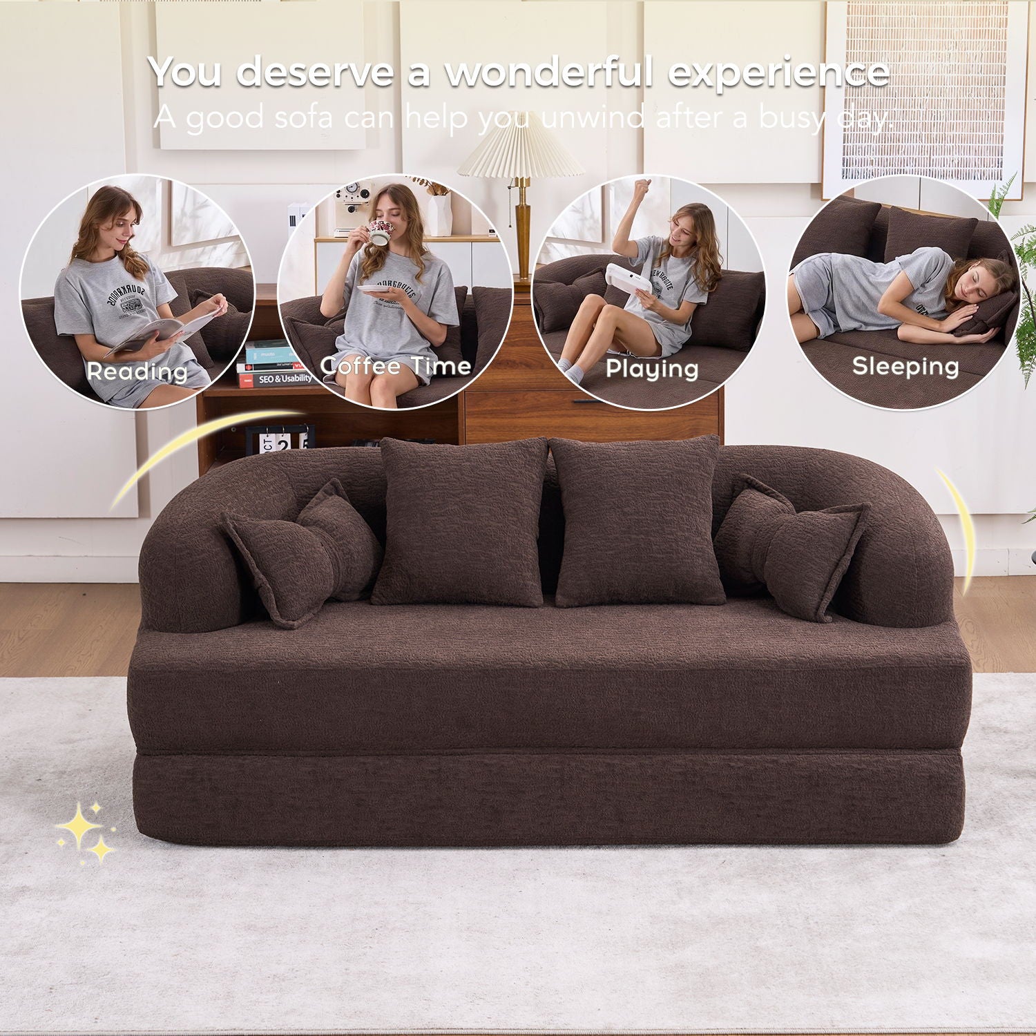 Foldable Sofa Bed, Boneless Couch Convertible Sleeper With 4 Pillows