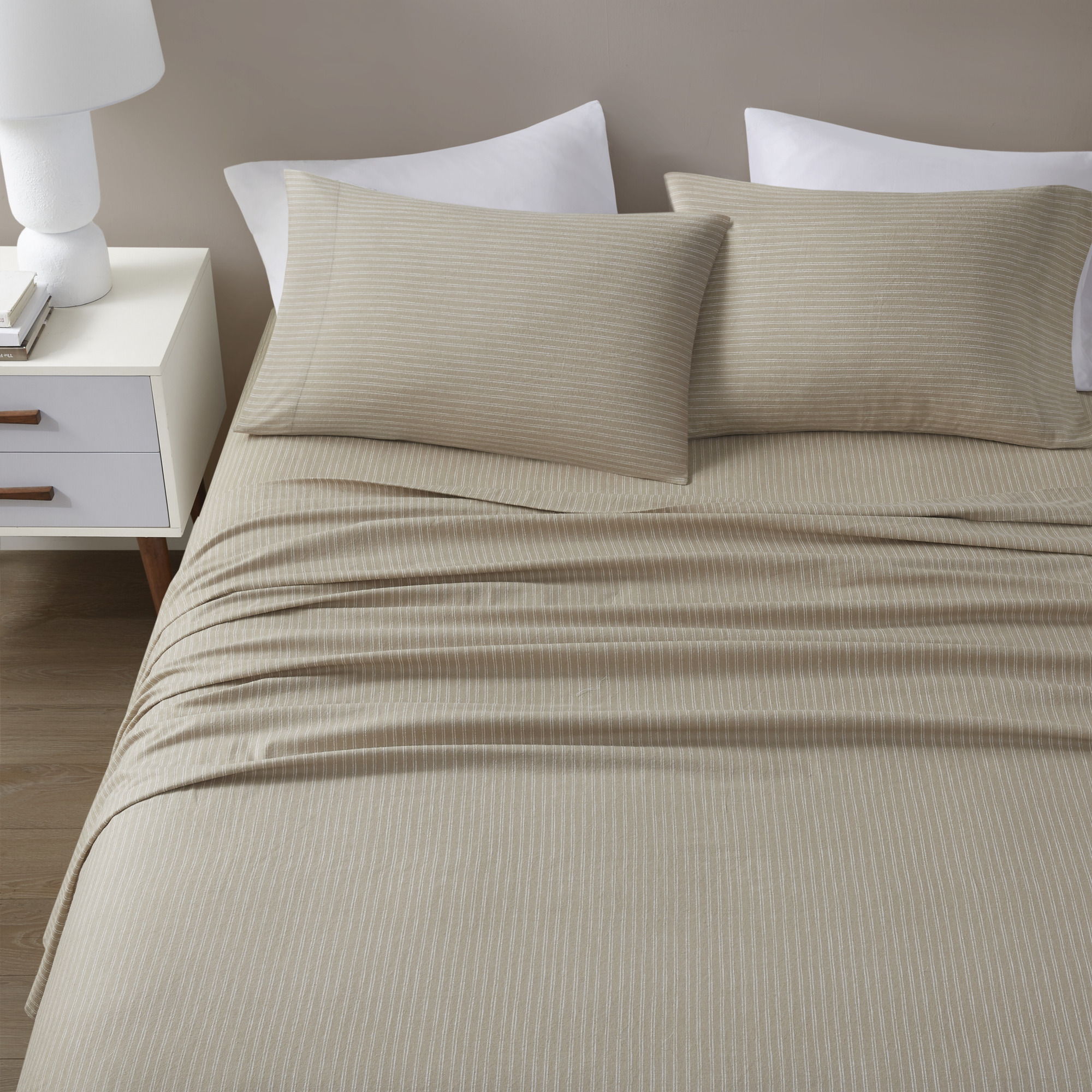 Cozy Cotton Flannel - King Printed Sheet Set - Beige / White Stripes