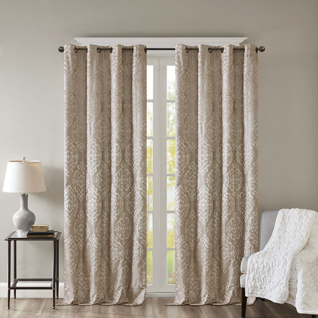 Mirage - 84" Knitted Damask Total Blackout Grommet Top Curtain Panel - Champagne