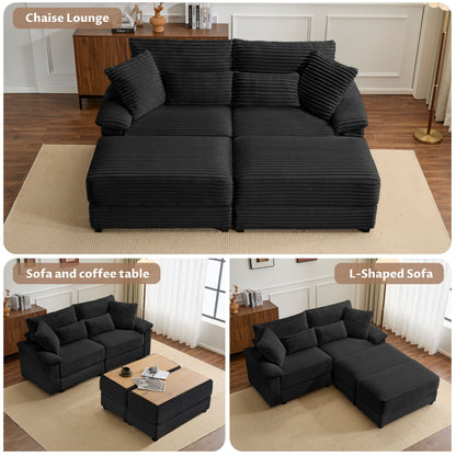Double Chaise Lounge Set With Reversible Storage Ottomans, USB Port