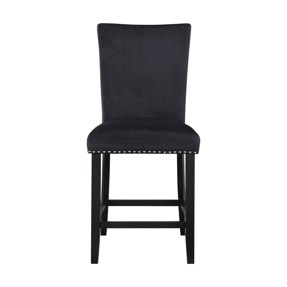 Set of Two 25" Black Wood and Velvet Counter Height Bar Chairs