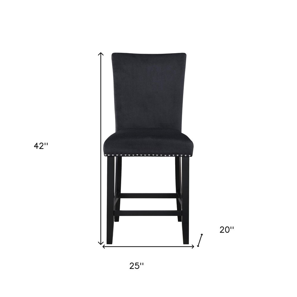 Set of Two 25" Black Wood and Velvet Counter Height Bar Chairs