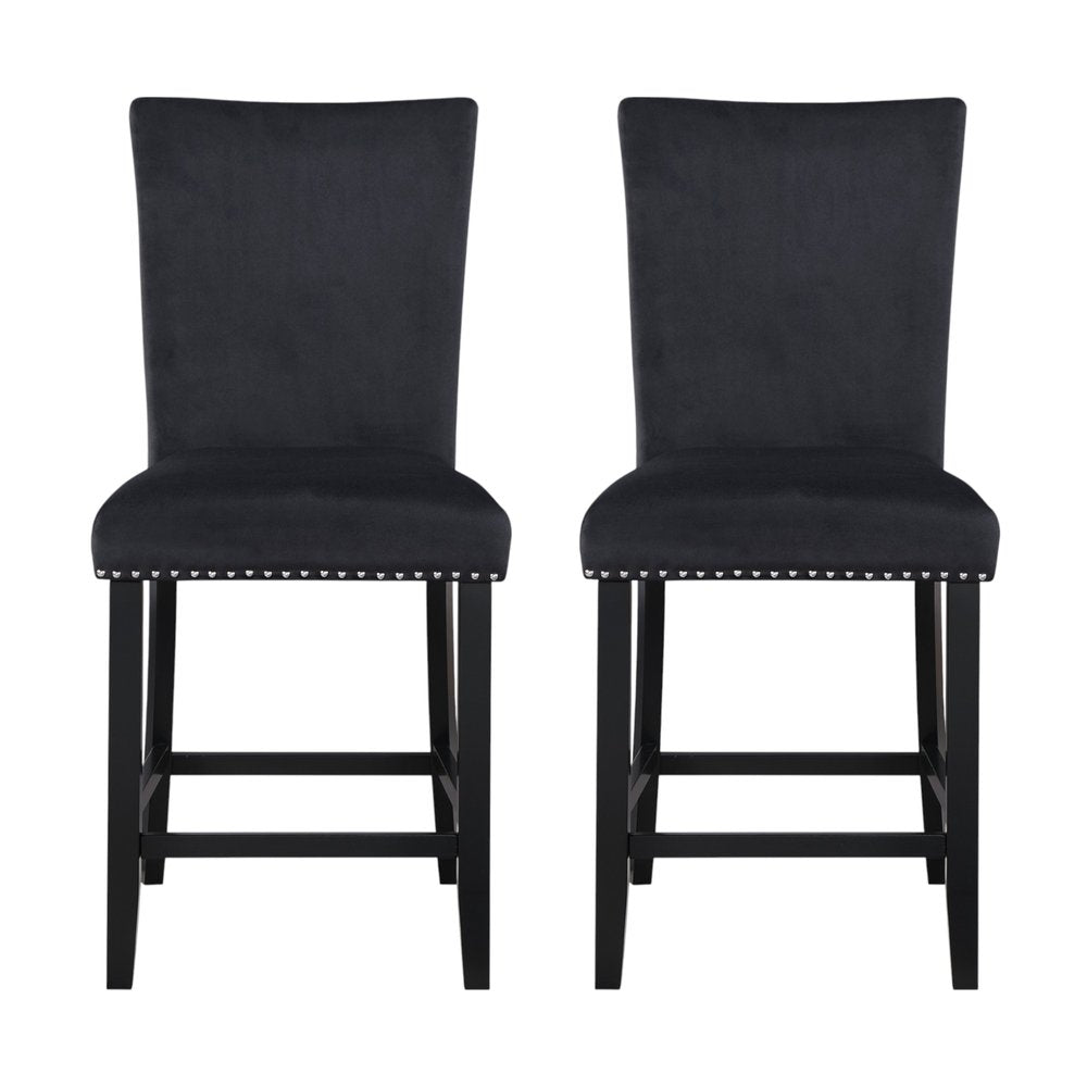 Set of Two 25" Black Wood and Velvet Counter Height Bar Chairs