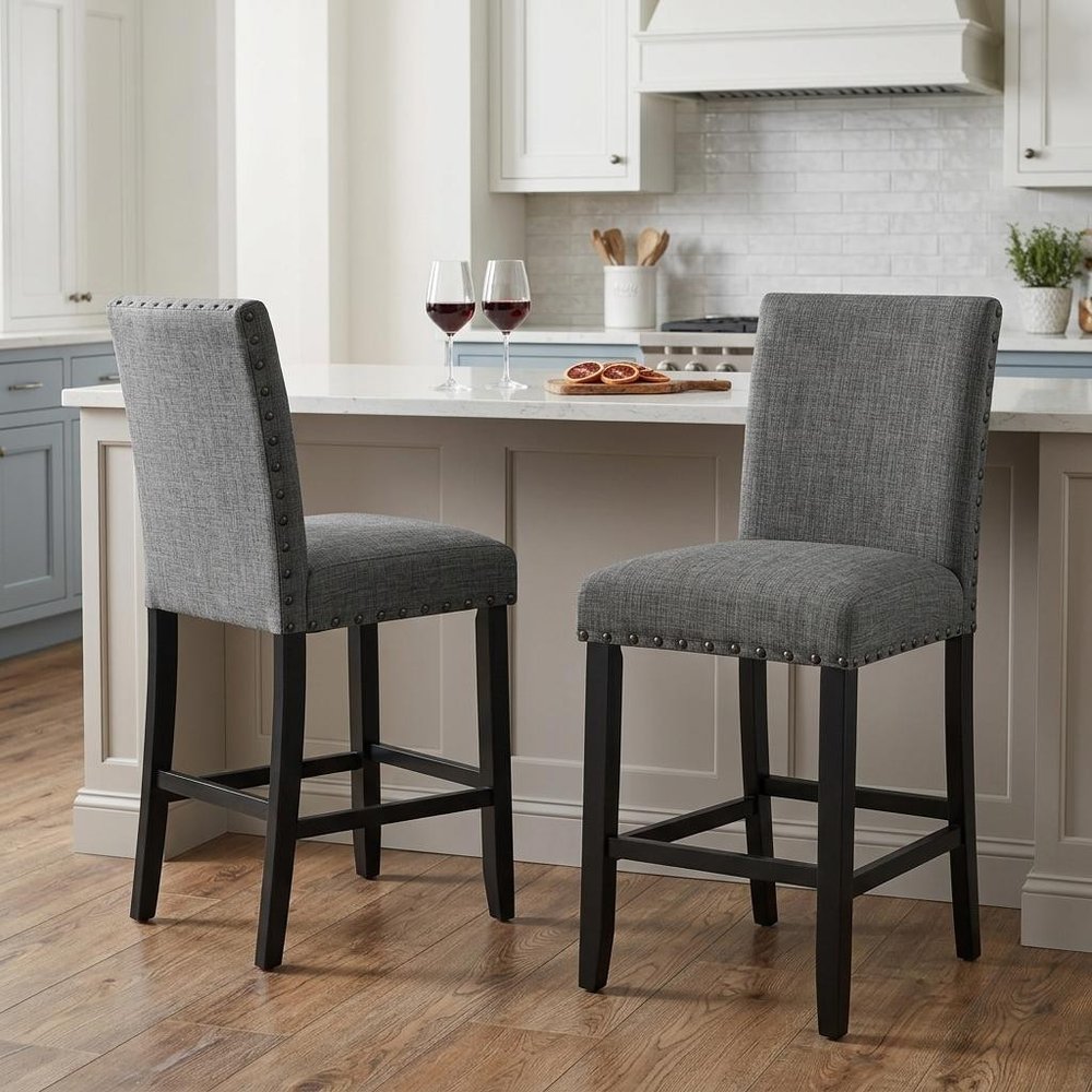 Set of Two 26" Gray and Black Wood and Fabric Counter Height Bar Chairs