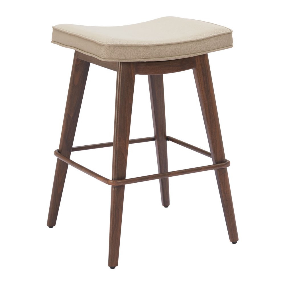 Set of Two 27" Beige and Walnut Faux Leather and Steel Backless Counter Height Bar Chairs