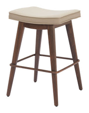 Set of Two 27" Beige and Walnut Faux Leather and Steel Backless Counter Height Bar Chairs