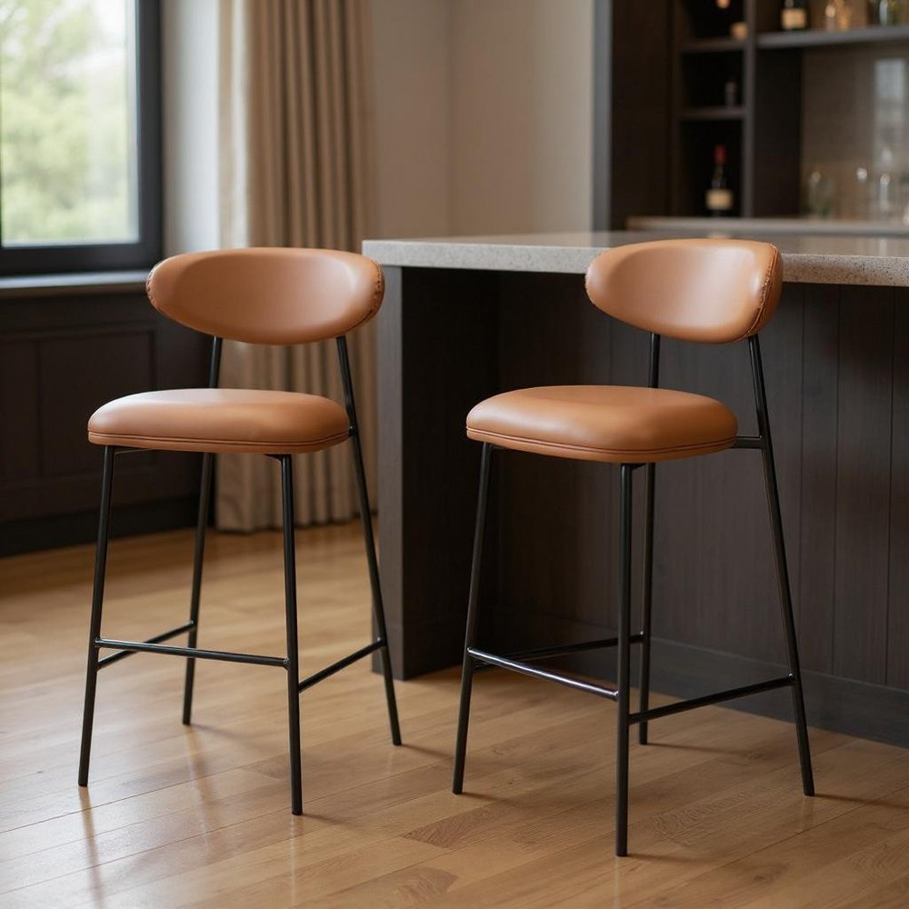 Set of Two 29" Brown and Black Faux Leather and Steel Low Back Bar Height Bar Chairs