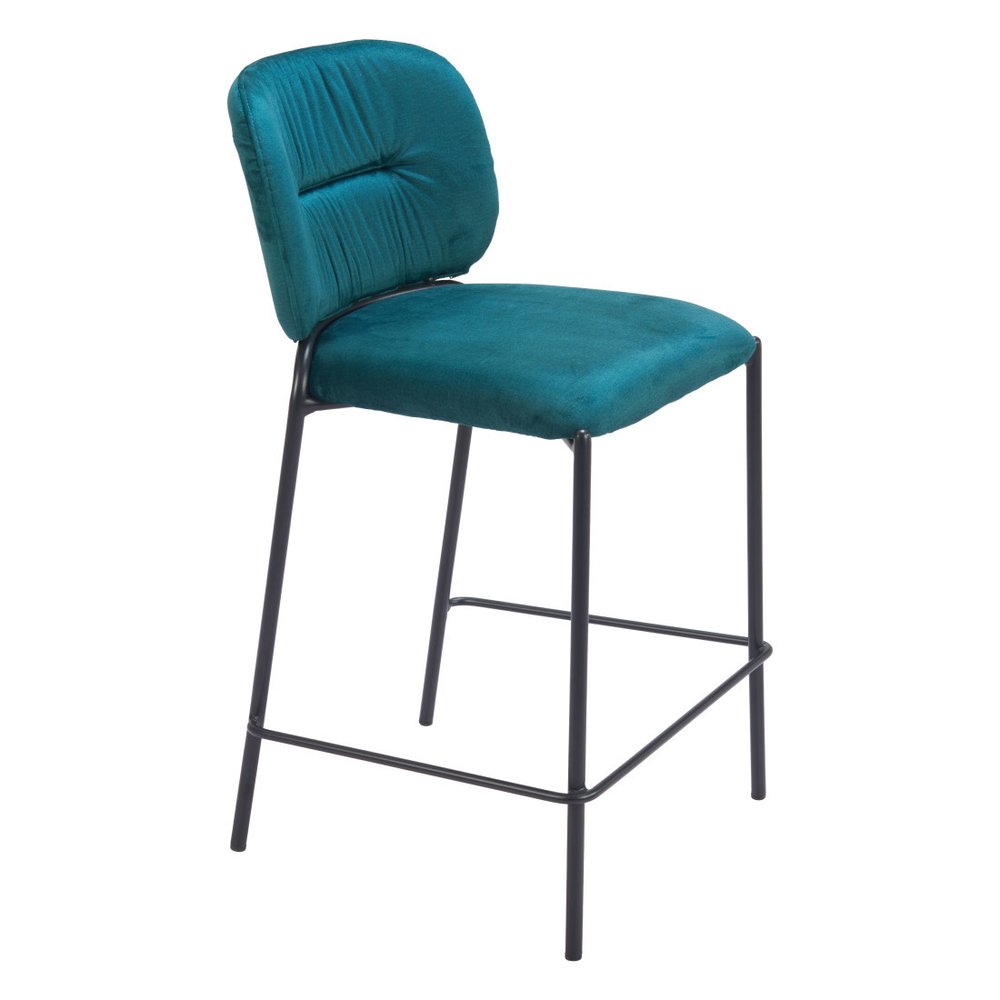 Set of Two 25" Green and Black Velvet and Steel Counter Height Bar Chairs