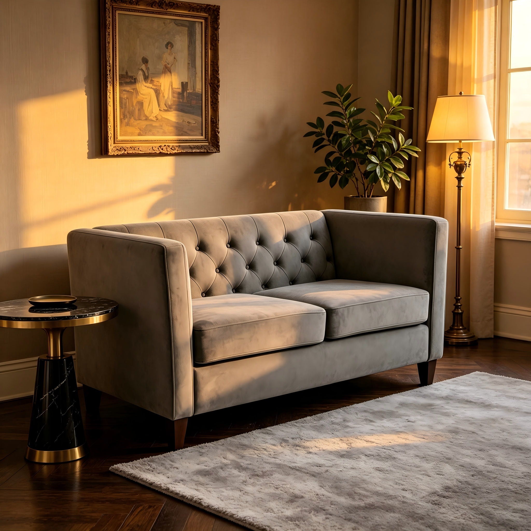 Button Tufted Loveseat, 2 Seater With Square Arm Couch For Living Room
