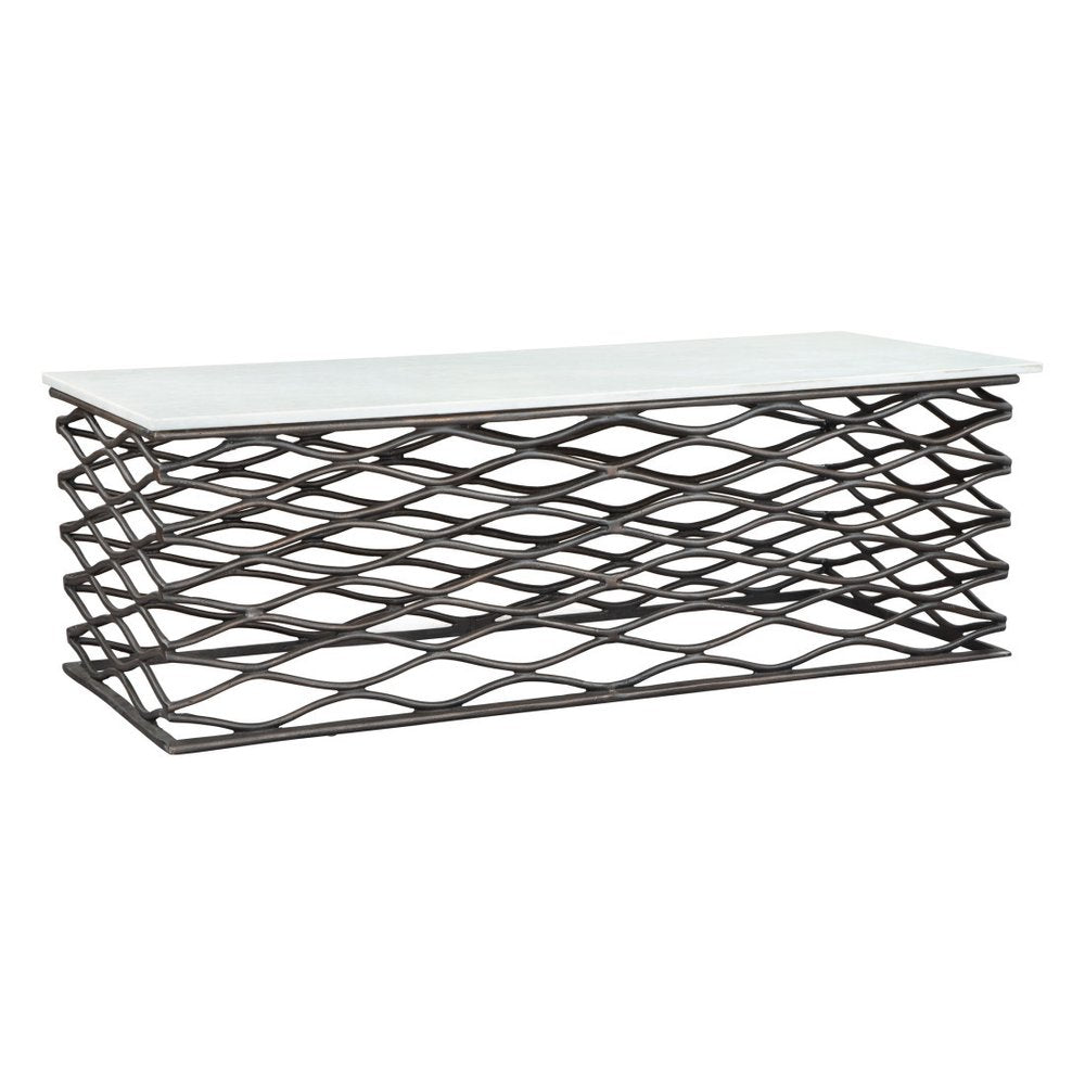50" White and Antiqued Bronze Genuine Marble and Aluminum Abstract Coffee Table