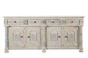 89" White Distressed Solid Wood Carved Scrollwork Four Drawer Sideboard With Four Doors