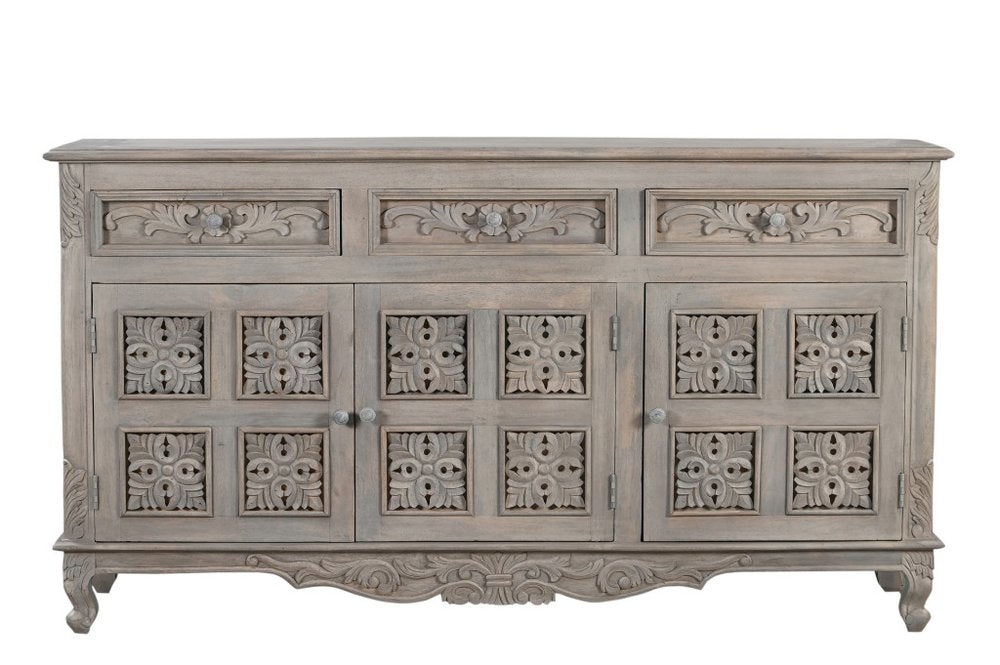 69" Gray Distressed Solid Wood Carved Floral Three Drawer Sideboard With Three Doors