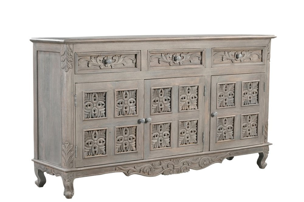 69" Gray Distressed Solid Wood Carved Floral Three Drawer Sideboard With Three Doors