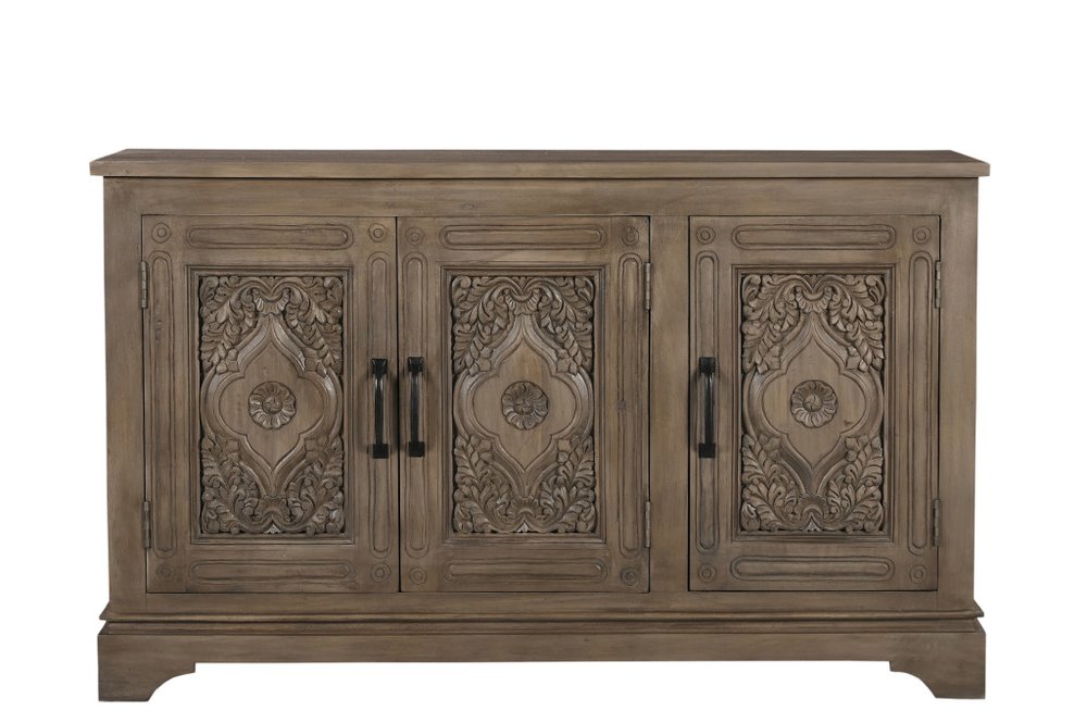 59" Brown Distressed Solid Wood Carved Scrollwork Sideboard With Three Doors