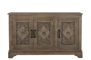59" Brown Distressed Solid Wood Carved Scrollwork Sideboard With Three Doors