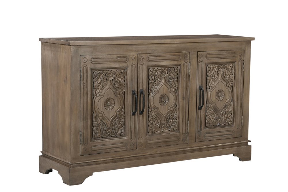 59" Brown Distressed Solid Wood Carved Scrollwork Sideboard With Three Doors
