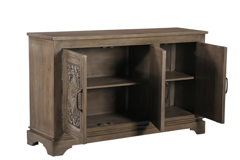 59" Brown Distressed Solid Wood Carved Scrollwork Sideboard With Three Doors