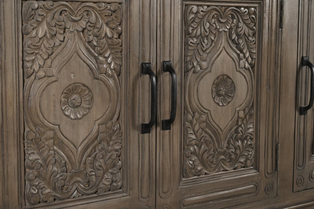 59" Brown Distressed Solid Wood Carved Scrollwork Sideboard With Three Doors
