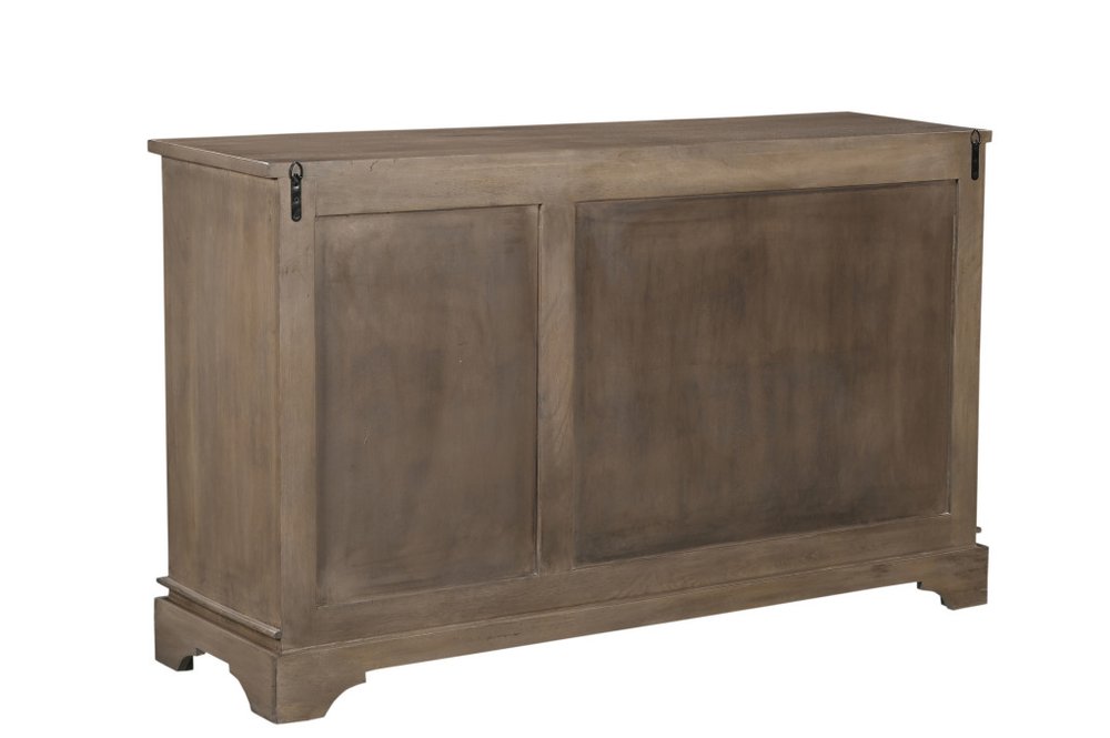 59" Brown Distressed Solid Wood Carved Scrollwork Sideboard With Three Doors