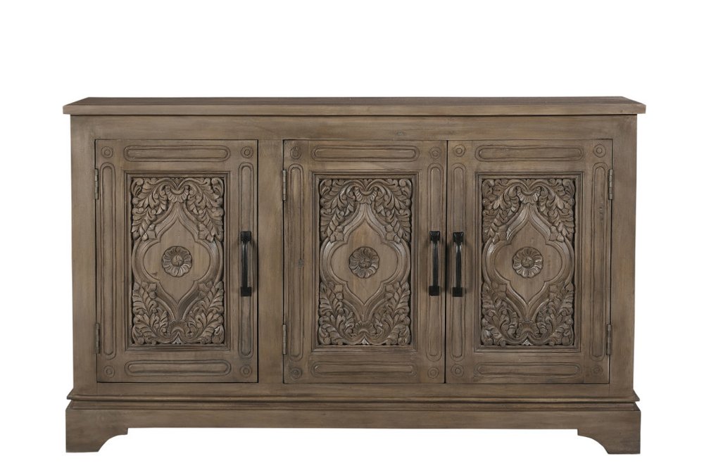 59" Brown Distressed Solid Wood Carved Scrollwork Sideboard With Three Doors