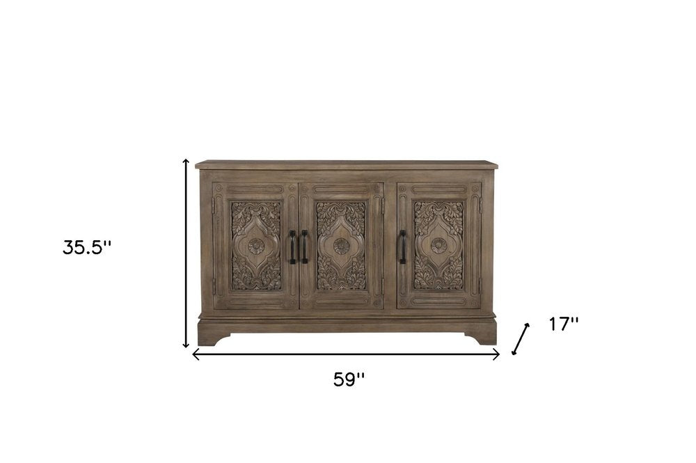 59" Brown Distressed Solid Wood Carved Scrollwork Sideboard With Three Doors